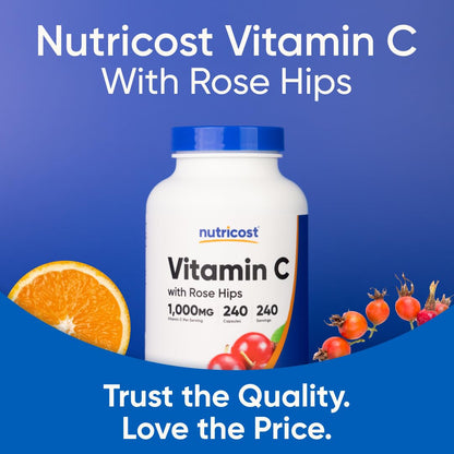 Nutricost Vitamin C with Rose Hips 1025mg, 240 Capsules, Gluten Free | Vitamin C 1,000mg, Rose Hips 25mg, GMO-Free