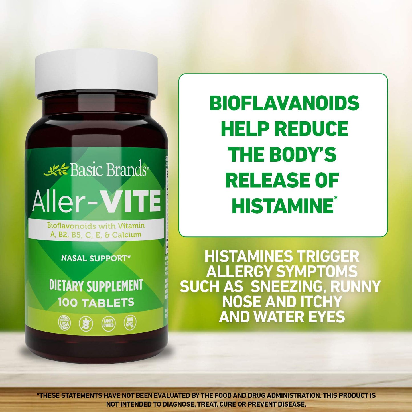 Basic Brands Aller Vite Nasal Support Tablets, 100 Tablets | Seasonal Allergy Relief, High Bioflavonoid Complex with Vitamins and Calcium, Gluten Free, Daily Supplement