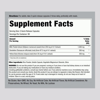 Piping Rock Milk Thistle, Dandelion & Yellow Dock | 180 Capsules | Concentrated Extract Complex | Non-GMO, Gluten Free Supplement
