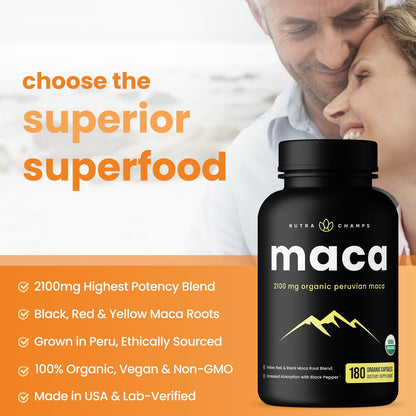 NutraChamps USDA Organic Maca Root Capsules for Women & Men, 2100mg, 180 Capsules, Black, Red & Yellow, Peruvian Maca Peruana, Extra Strength Pure Premium Gelatinized Root Powder Supplement