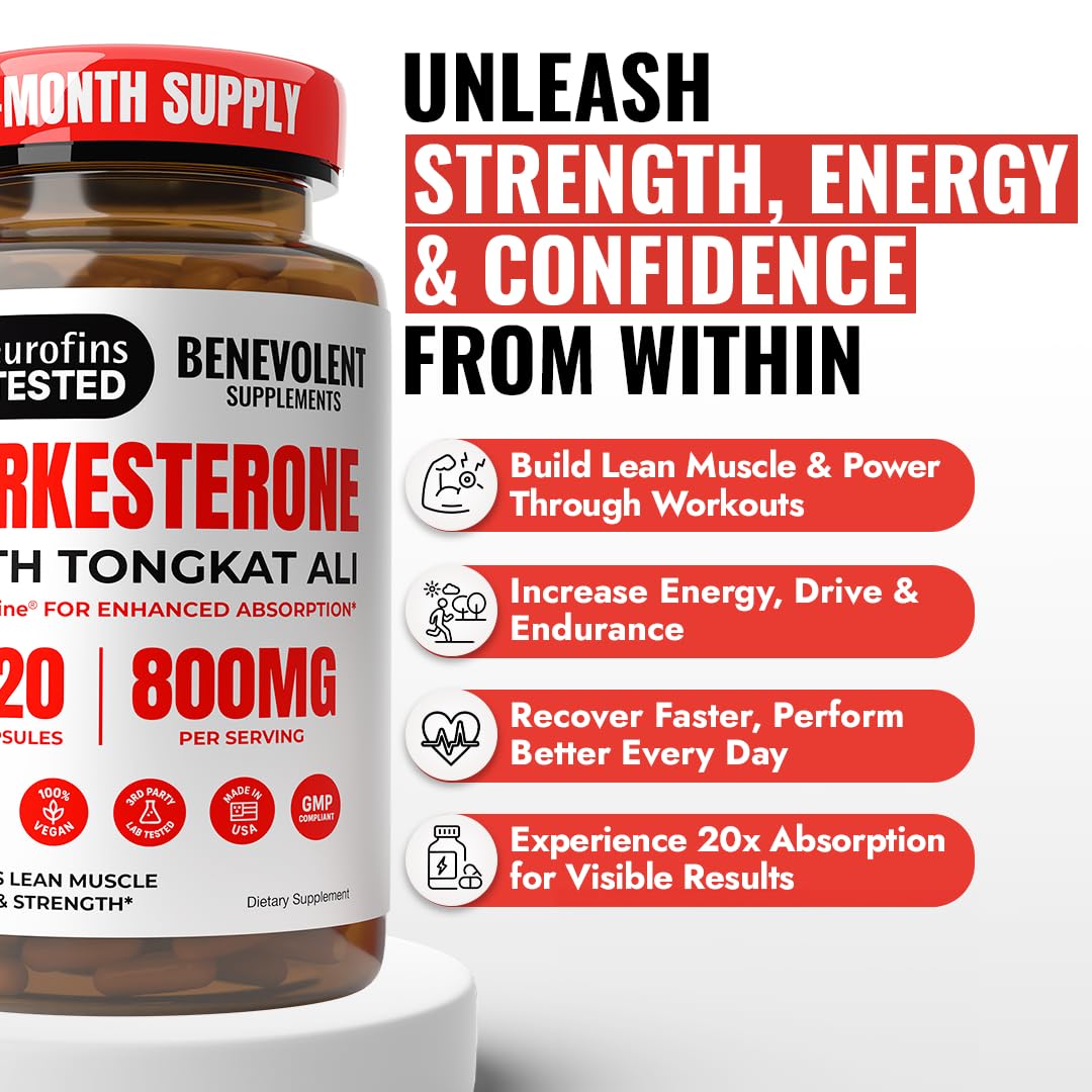 Benevolent Turkesterone with Tongkat Ali & BioPerine (Max Absorption) - High Potency 800mg Turkesterone Supplement for Men & Women - Increase Stamina, Muscle Growth, Recovery, 2 Months Supply