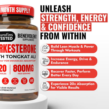 Benevolent Turkesterone with Tongkat Ali & BioPerine (Max Absorption) - High Potency 800mg Turkesterone Supplement for Men & Women - Increase Stamina, Muscle Growth, Recovery, 2 Months Supply