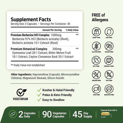 ForestLeaf Berberine Supplement - 1300mg per Serving - Ultra High Potency Berberine HCl with Ceylon Cinnamon, Bitter Melon & Gymnema - GLP-1 Weight Management Support - 90 Caps