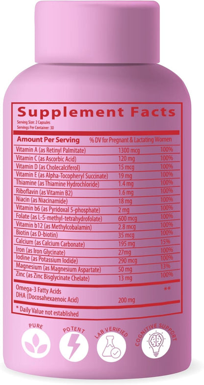 Advanced Bionetix Bio-Available Prenatal Vitamins for Women, Natural Methylated Folate Folic Acid, DHA Omega 3. Multivitamin Pre, During & Post Pregnancy