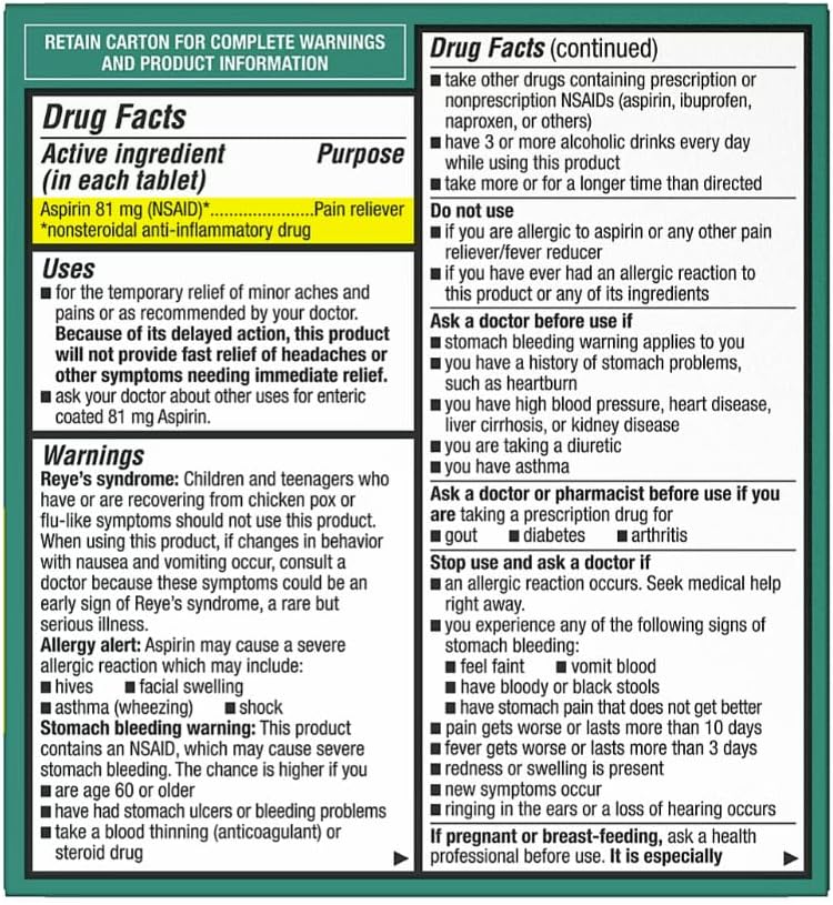 berkley jensen Aspirin 81mg Low Dose, Enteric Coated Tablets, NSAID Pain Reliever & Fever Reducer, for Minor Aches, Muscle Pain & Cramps. Safety Coated, Made in USA, 365 Count (Pack of 2)