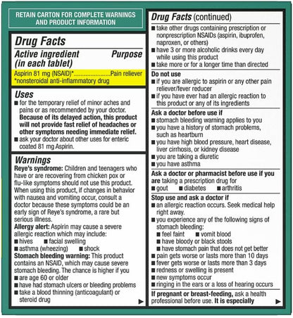 berkley jensen Aspirin 81mg Low Dose, Enteric Coated Tablets, NSAID Pain Reliever & Fever Reducer, for Minor Aches, Muscle Pain & Cramps. Safety Coated, Made in USA, 365 Count (Pack of 2)
