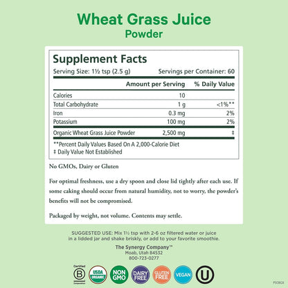 PURE SYNERGY Organic Wheat Grass Juice Powder | Chlorophyll-Rich Green Juice Powder | Raw Organic USA Wheat Grass | for Energy, Alkaline Balance, and Digestion Support (5.3 oz.)