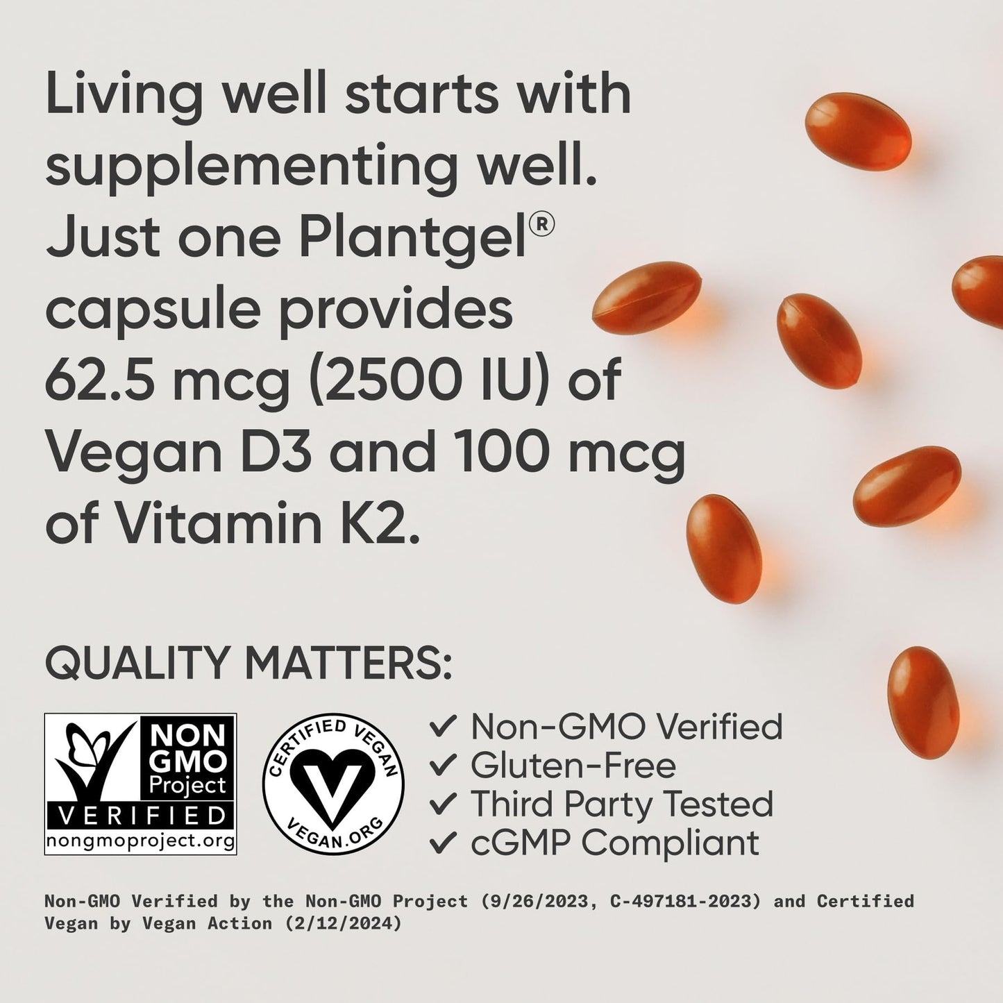 Sports Research® Vitamin D3 + K2 w/Coconut Oil - Vegan Vitamin D 2500iu (62.5mcg) & Mk7 Vitamin K 100mcg for Bone & Immune Support - Vegan Certified · Non-GMO · Soy Free - 60 Softgels