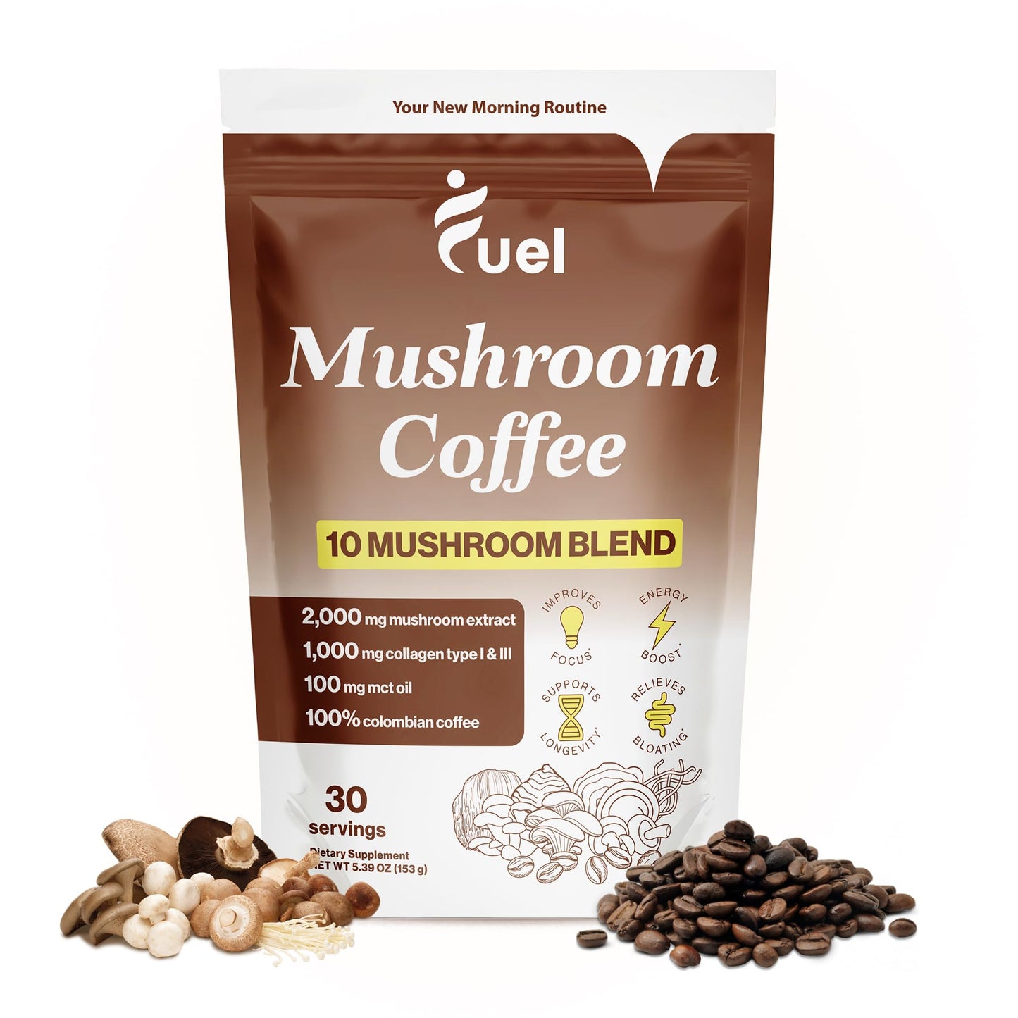 Fuel Brain Boost Mushroom Coffee Nutrition, Organic Blend for Gut Health, Lion's Mane Powder, Chaga & Mushroom Powder Low Caffeine Instant Coffee, Nootropics Drink, 30 Servings