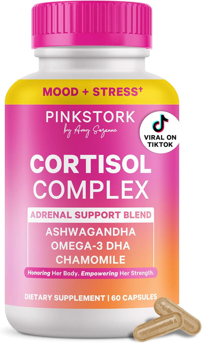 Pink Stork Cortisol Complex for Women - 60 Capsules | Adaptogenic Adrenal + Stress Support, 300mg Organic Ashwagandha, Algae DHA, Saffron, Methylated B Vitamins, Non-Drowsy