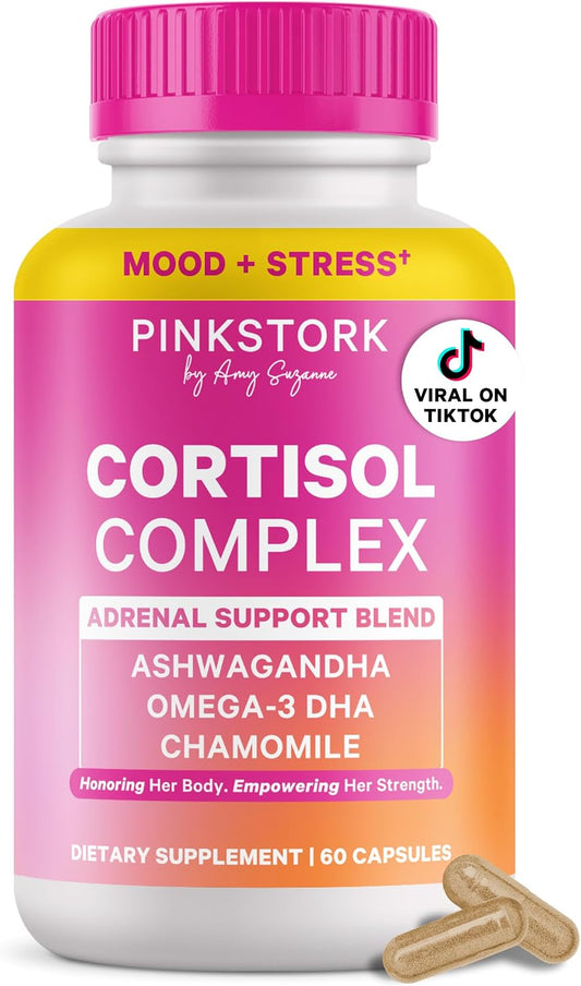Pink Stork Cortisol Complex for Women - 60 Capsules | Adaptogenic Adrenal + Stress Support, 300mg Organic Ashwagandha, Algae DHA, Saffron, Methylated B Vitamins, Non-Drowsy