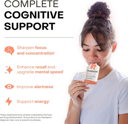 Healthycell Focus & Recall Daily Liquid Brain Supplement - 30 Gel Packs | Liquid nootropic gel packs with L-Theanine, Omega-3 & Taurine - Supports focus, memory, concentration & mental alertness