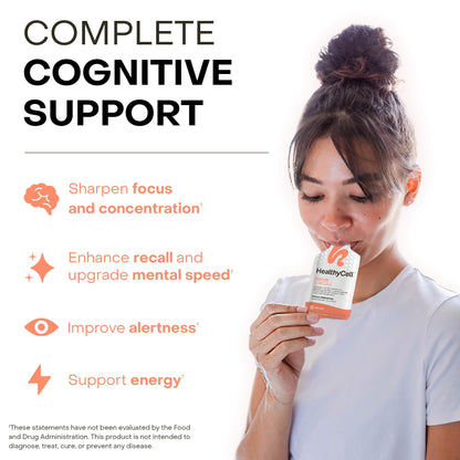 Healthycell Focus & Recall Daily Liquid Brain Supplement - 30 Gel Packs | Liquid nootropic gel packs with L-Theanine, Omega-3 & Taurine - Supports focus, memory, concentration & mental alertness
