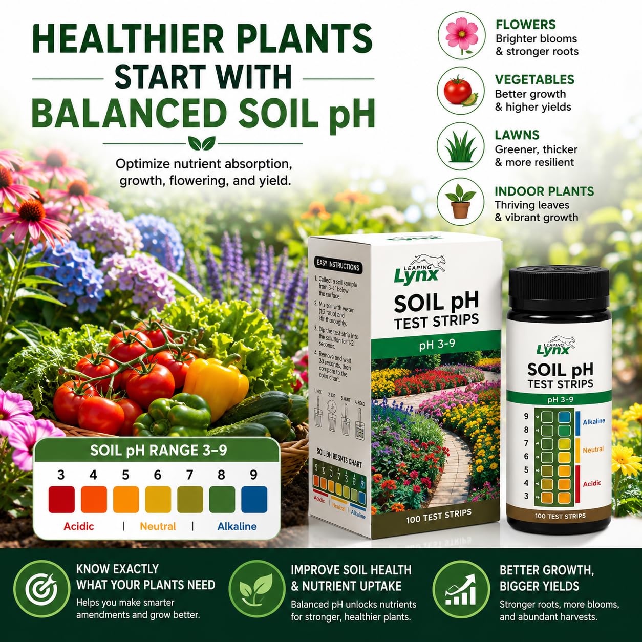 Soil pH Test Kit (3-9 Range) – 100 Test Strips for Garden, Lawn, Vegetable & Flower Beds | Quick & Easy Soil pH Monitoring for Indoor & Outdoor Plants | Leaping Lynx