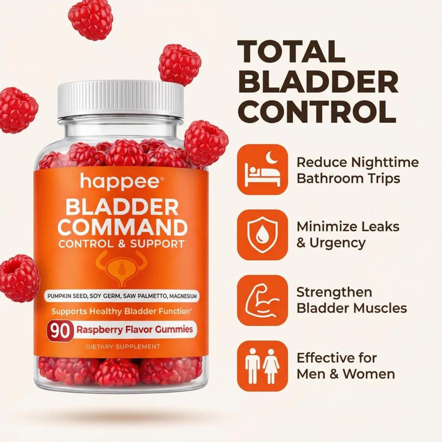 Happee Bladder Control Gummies Supplement Women & Men, Day & Night 90 ct | Daily Bladder Support & Urinary Tract Health, 4-in-1 Pumpkin Seed Extract & Soy Germ, 90 Berry Gummies