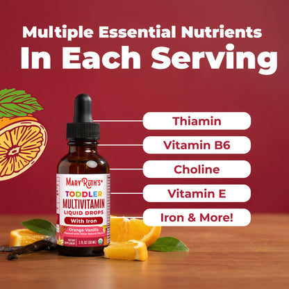 MARYRUTH'S Organics Multivitamin & Multimineral with Iron for Toddlers | USDA Organic | Sugar Free | Multivitamin Liquid Drops for Kids Ages 1-3 | Immune Support | Vegan | Non-GMO | 2 Fl Oz