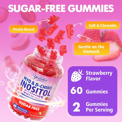 Myo-Inositol & D-Chiro Inositol Gummies for Women, Sugar-Free, 60 Count | Ideal 40:1 Ratio with Vitamin D3, Folate, Magnesium and Zinc - Support Female Health & Wellness, Strawberry Flavor