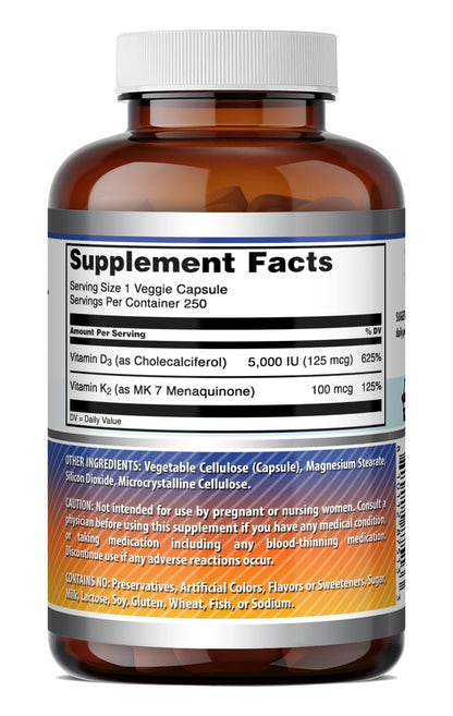 Amazing Formulas Vitamin D3 5000 IU with Vitamin K2 100 Mcg| 250 Veggie Capsules | D3 + K2 Complex | Non-GMO | Gluten Free | Made in USA