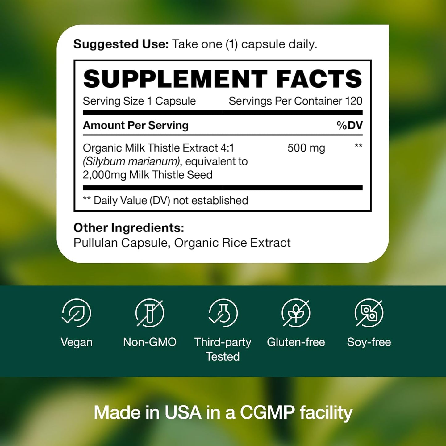 Fresh Nutrition Organic Milk Thistle Supplement - Potent Strength – 4 Month Supply – Silymarin Thistle Seed Standardized Extract 4:1 - Made in The USA - 120 Capsules