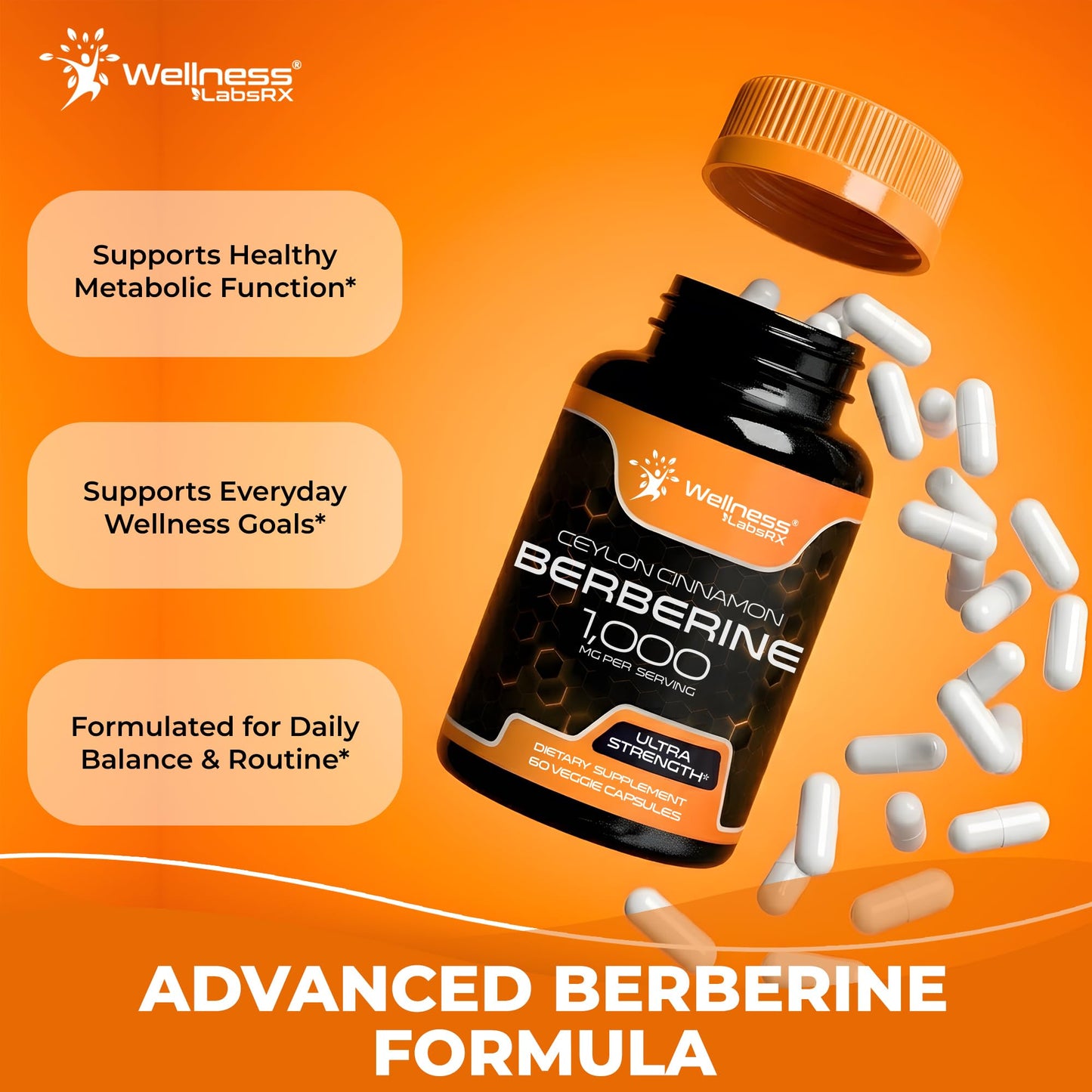 WELLNESS LABSRX Berberine 1,000mg - Third-Party Tested Berberine Supplement HCL with Ceylon Cinnamon, Black Pepper Extract and Apple Cider Vinegar, Heart Support Capsules - 240 Capsules - Pack of 2