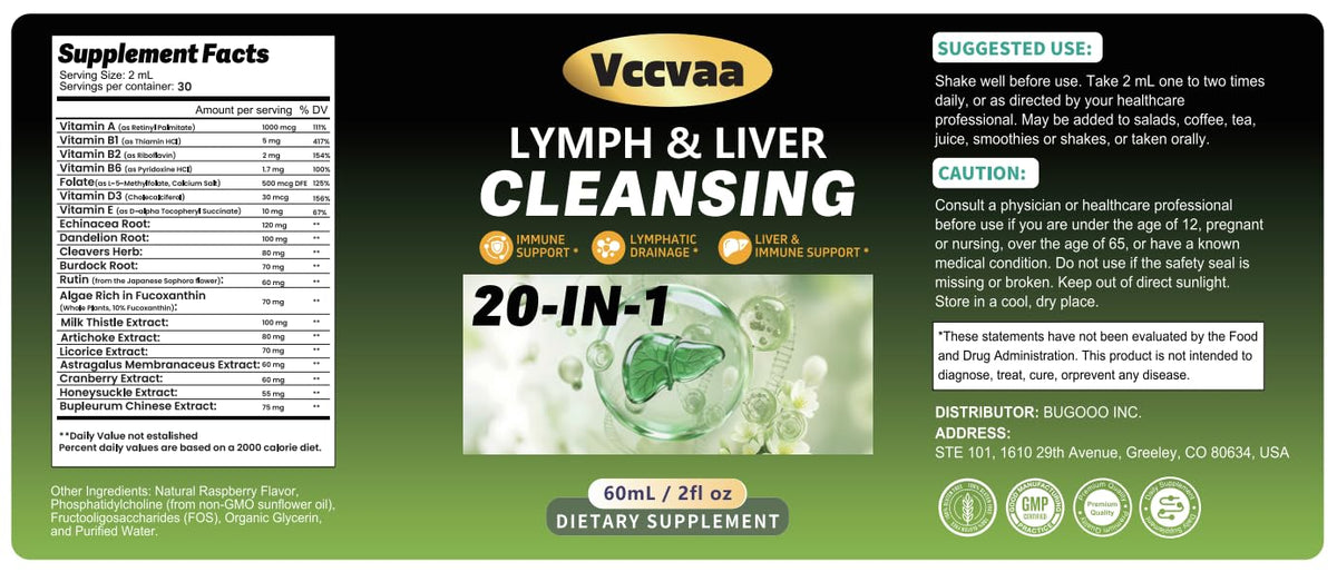 20-in-1 Liposomal Lymphatic Drainage Drops & Liver Cleanse Detox - Fast-Absorbing Lymphatic Support Liquid Drops with Milk Thistle, Dandelion, Burdock & Fucoxanthin, Raspberry, 2 Fl Oz