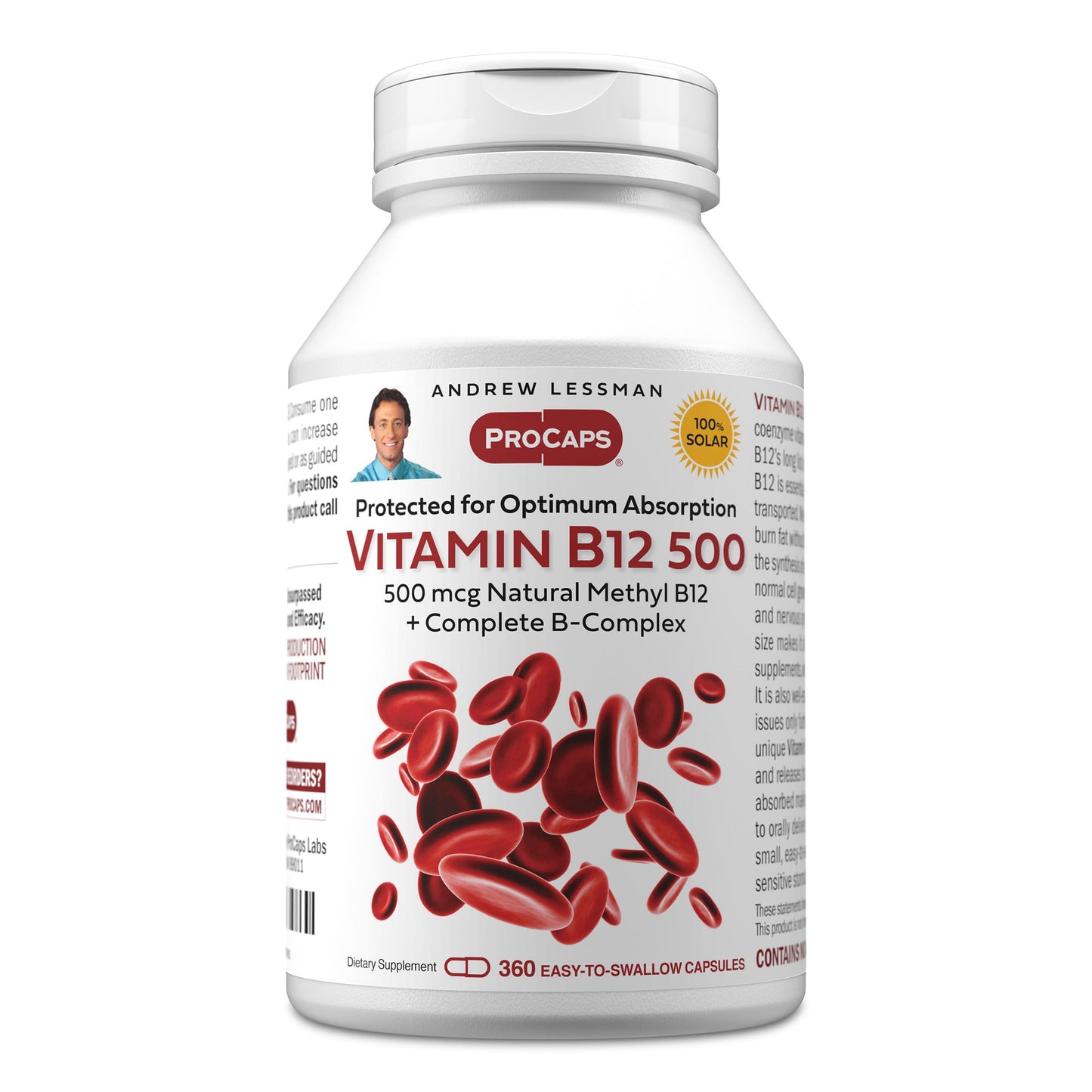 ANDREW LESSMAN ProCaps Vitamin B12 500 mcg with B-Complex 180 Capsules | Absorption-protected Methylcobalamin with B-Complex supports energy, brain, heart and nervous system health.