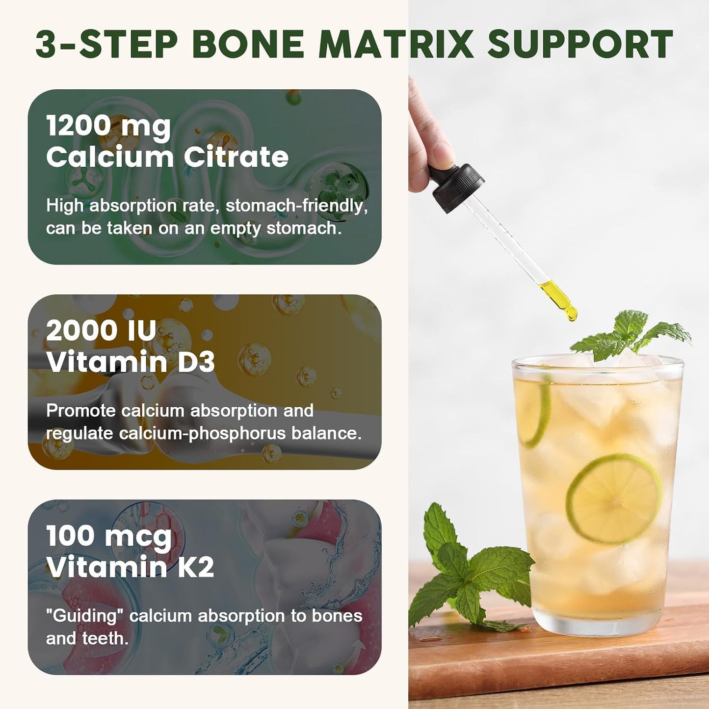 Calcium Citrate 1200 mg with Vitamin D3 Liquid Drops for Women & Men, Calcium Citrate with Vitamin D3 & K2 for Bone Muscle & Teeth- 2 Fl oz- 30 Day Vegan Supply