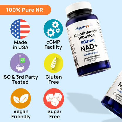 NAD+ Supplement - 600mg Pure Nicotinamide Riboside (NR) - Healthy Aging, Mental Clarity & Energy Booster - Cell Regeneration Supplements for Women and Men - 60 NAD Plus Capsules - Made in USA