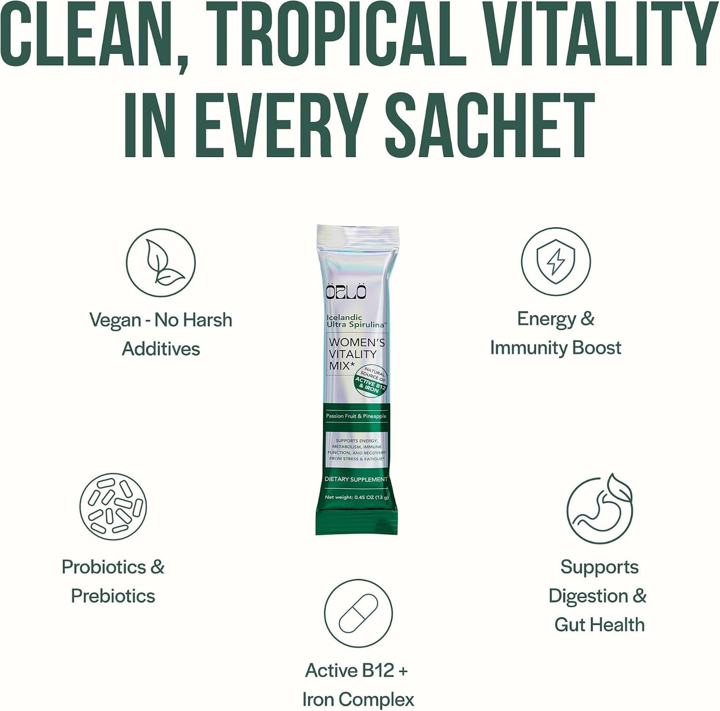 Orlo Women's Vitality Mix Travel Kit – Daily Multivitamin & Bacillus Probiotic Supplement for Feminine Health, Energy, Focus with Vitamin D3, B12, Iron, Glycine, Cranberry & Spirulina (7 sachets)