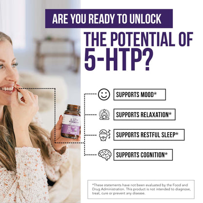 Organic 5-HTP - 200 mg | 99% 5HTP Concentration, Plus Cofactor Vitamin B6 & Lion’s Mane | Water Extracted from Organic Griffonia Seeds | Supports Mood, Cognition & Sleep (60 Capsules | 30 Servings)
