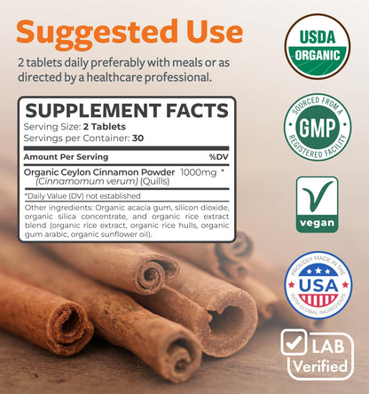 USDA Organic Ceylon Cinnamon Pills - High Potency Ceylon Cinnamon Supplement with 1000mg per Serving for Full Body Antioxidant Support - Vegan Non-GMO cGMP Made & Lab Verified (2 Months Supply)