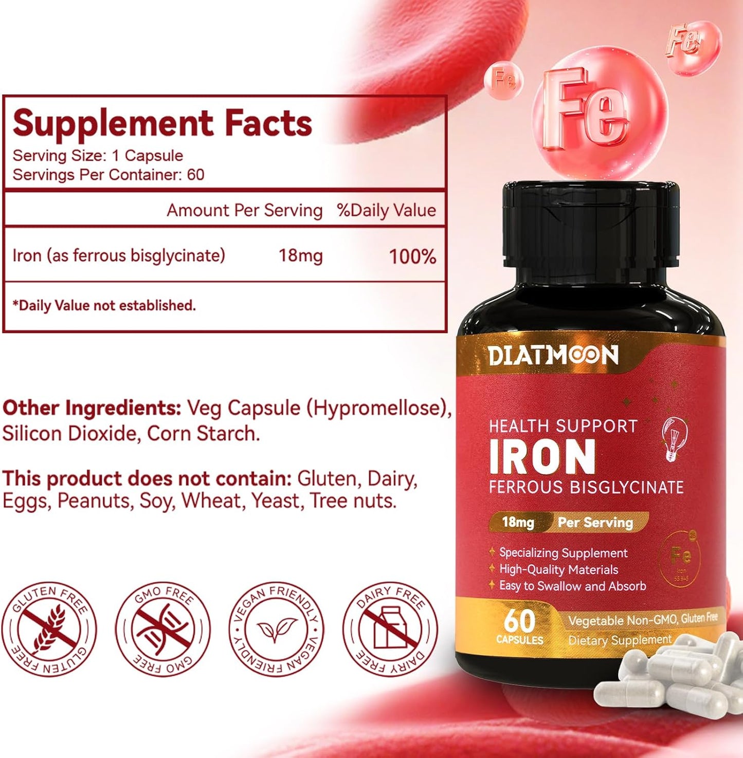 2 Pack Iron Supplement for Women & Men - Highly Absorbable Iron Bisglycinate Capsules for Adults,Vegan, Non-GMO, Gluten-Free, Supports Energy & Overall Wellbeing