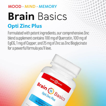 Brain Basics Opti Zinc Plus - Zinc Supplement with Quercetin, EGCG, and Copper. Immune Support Formula - 60 Capsules