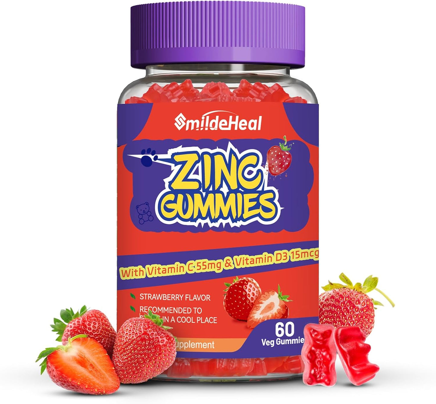 Zinc Gummies, Zinc 50mg, Zinc Citrate, with Vitamin C, Vitamin D3, 60 Count | Zinc Gummies, Zinc 50mg, Zinc Citrate, with Vitamin C, Vitamin D3, Strawberry Flavor Gummies, 60 Count
