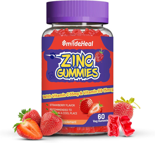 Zinc Gummies, Zinc 50mg, Zinc Citrate, with Vitamin C, Vitamin D3, 60 Count | Zinc Gummies, Zinc 50mg, Zinc Citrate, with Vitamin C, Vitamin D3, Strawberry Flavor Gummies, 60 Count