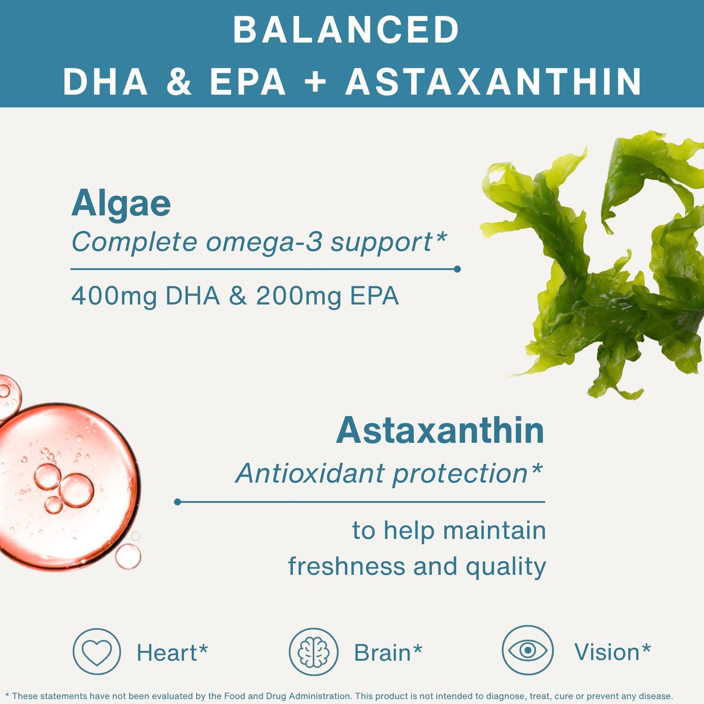 Igennus Vegan Omega-3 Algae Oil, IAOS Certified Pure, 400mg DHA & 200mg EPA per Serving, Triglyceride Form, Supports Brain & Heart Health, with Astaxanthin, 60 Small Softgels (30 Servings)