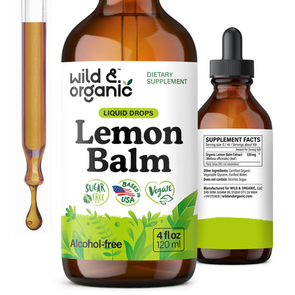 Wild & Organic Lemon Balm Tincture - Good Mood Support - Melissa Lemon Balm Extract Drops - Add to Tea for Relaxation - Vegan, Sugar & Alcohol-Free Leaf Supplement - 4 fl oz