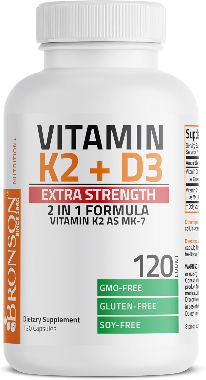 Bronson Vitamin K2 D3 (MK7) Extra Strength D3 & K2 Complex, 120 Capsules | Bone, Immune & Heart Health Support, Gluten Free, Soy Free, Non-GMO, Vitamin D3 10,000IU (250 mcg) & 120 mcg K2 MK-7