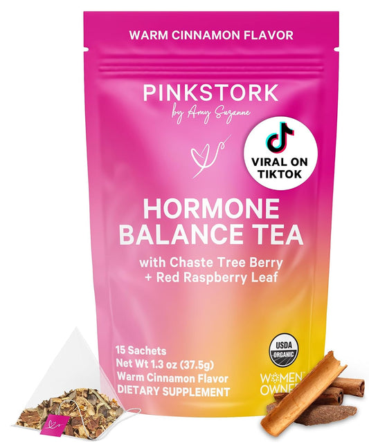 Pink Stork Organic Hormone Balance Tea for Women, Cinnamon, 30 Servings | Red Raspberry Leaf & Chasteberry (Vitex), Organic Herbal Tea, PMS, Menstrual Cycle + Perimenopause Support