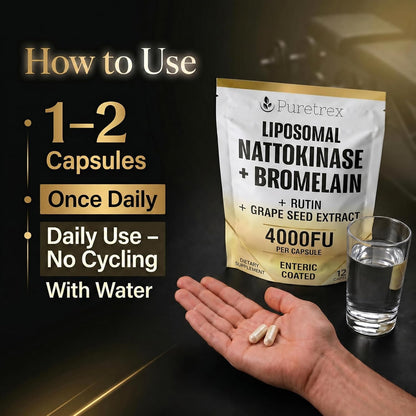 Nattokinase Supplement 4000 FU Liposomal Enteric Coated Capsules, Bromelain 1200 GDU, Rutin, Grape Seed Extract, BioPerine, Heart Health & Blood Circulation Formula for Men & Women, 120 Count