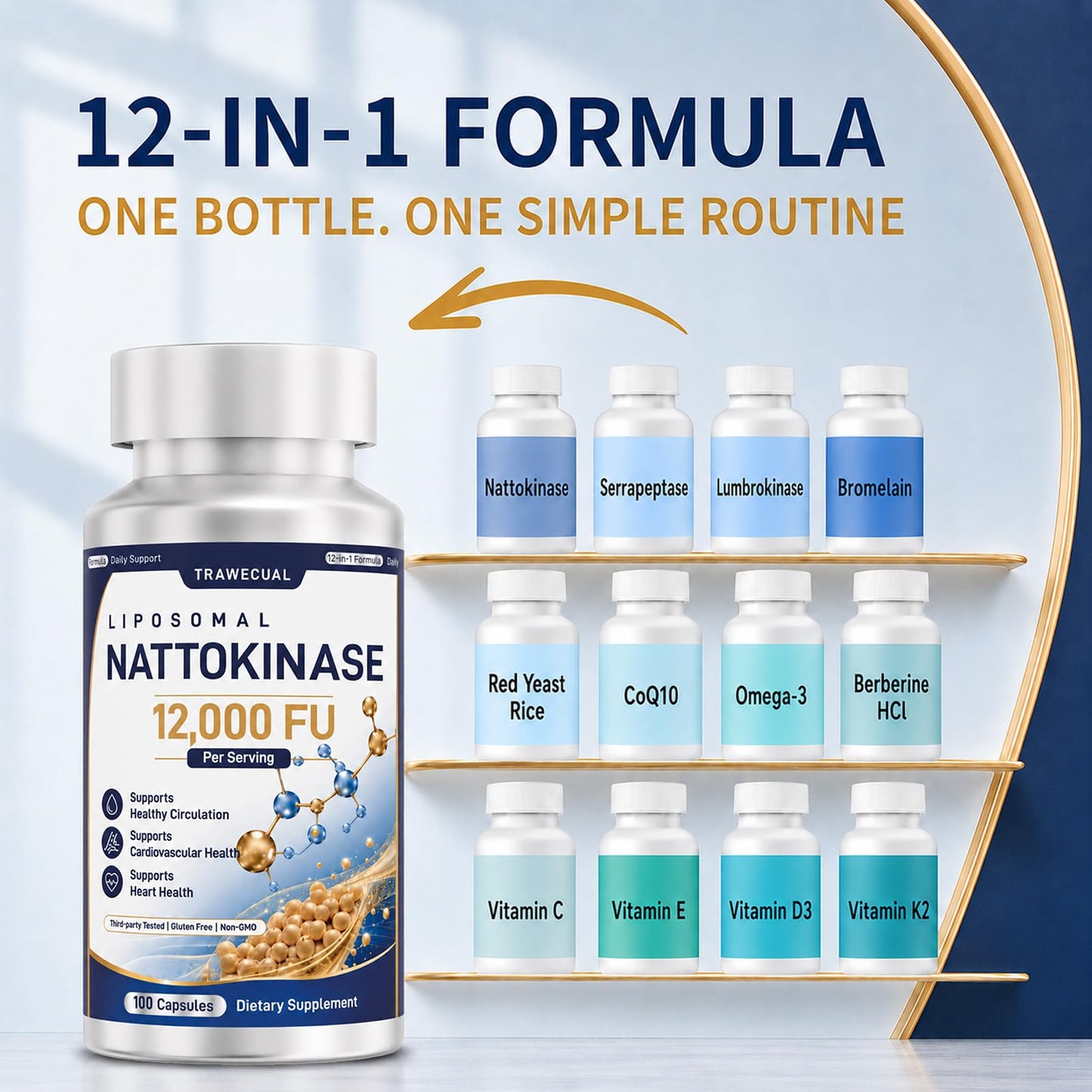 Liposomal 12-in-1 Nattokinase 12,000 FU, Multi Enzyme Complex, 200 Capsules | Serrapeptase, Lumbrokinase, Bromelain, CoQ10, Omega-3 & Red Yeast Rice, Cardiovascular, Circulatory & Heart Health Support