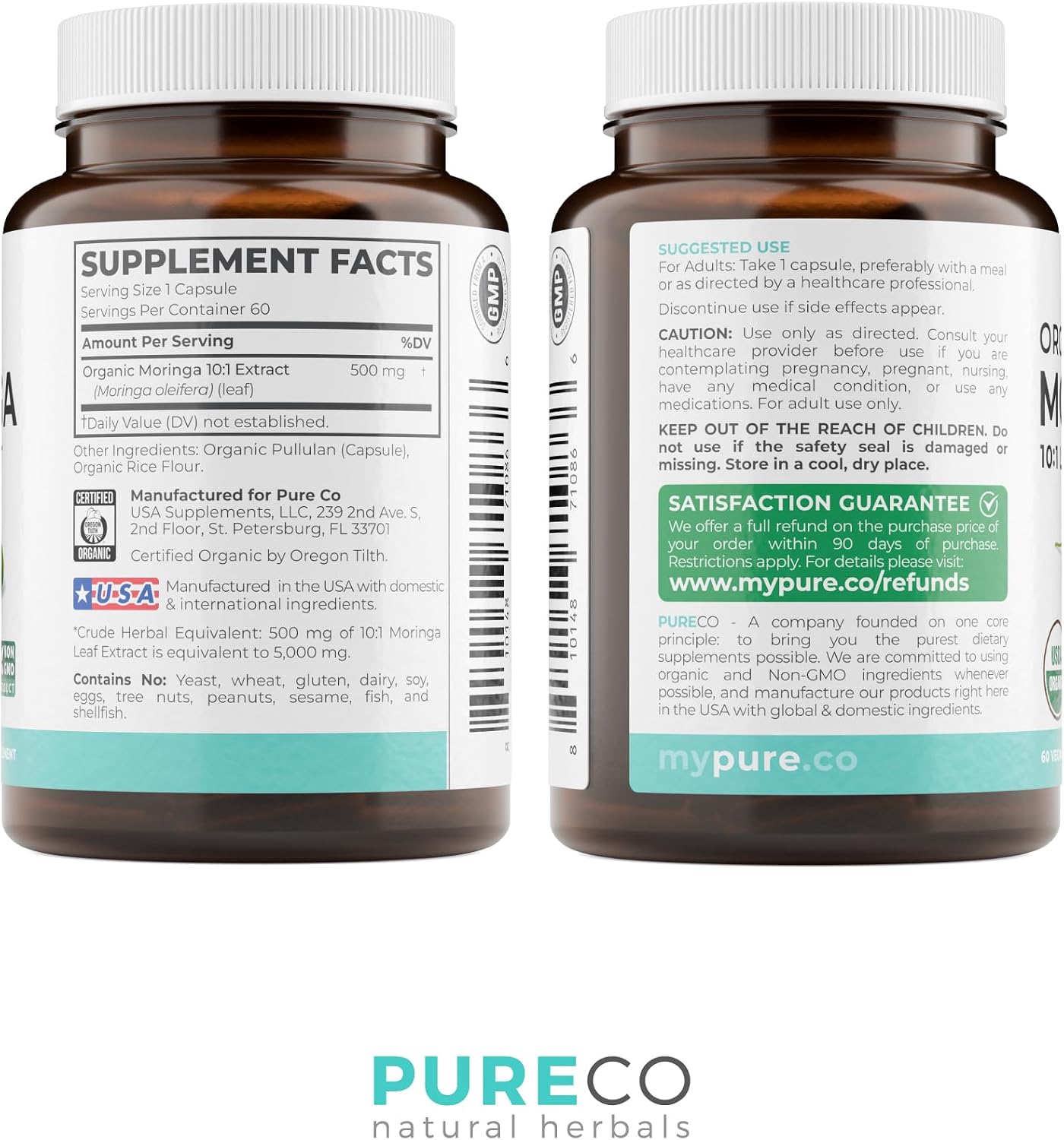 USDA Organic Moringa Capsules - High Potency Organic Moringa 500mg Extract 10:1 Per 1 Capsule Serving - Nutrient Dense Green Superfood Antioxidant - Vegan & Non-GMO Moringa (4 Month Supply)