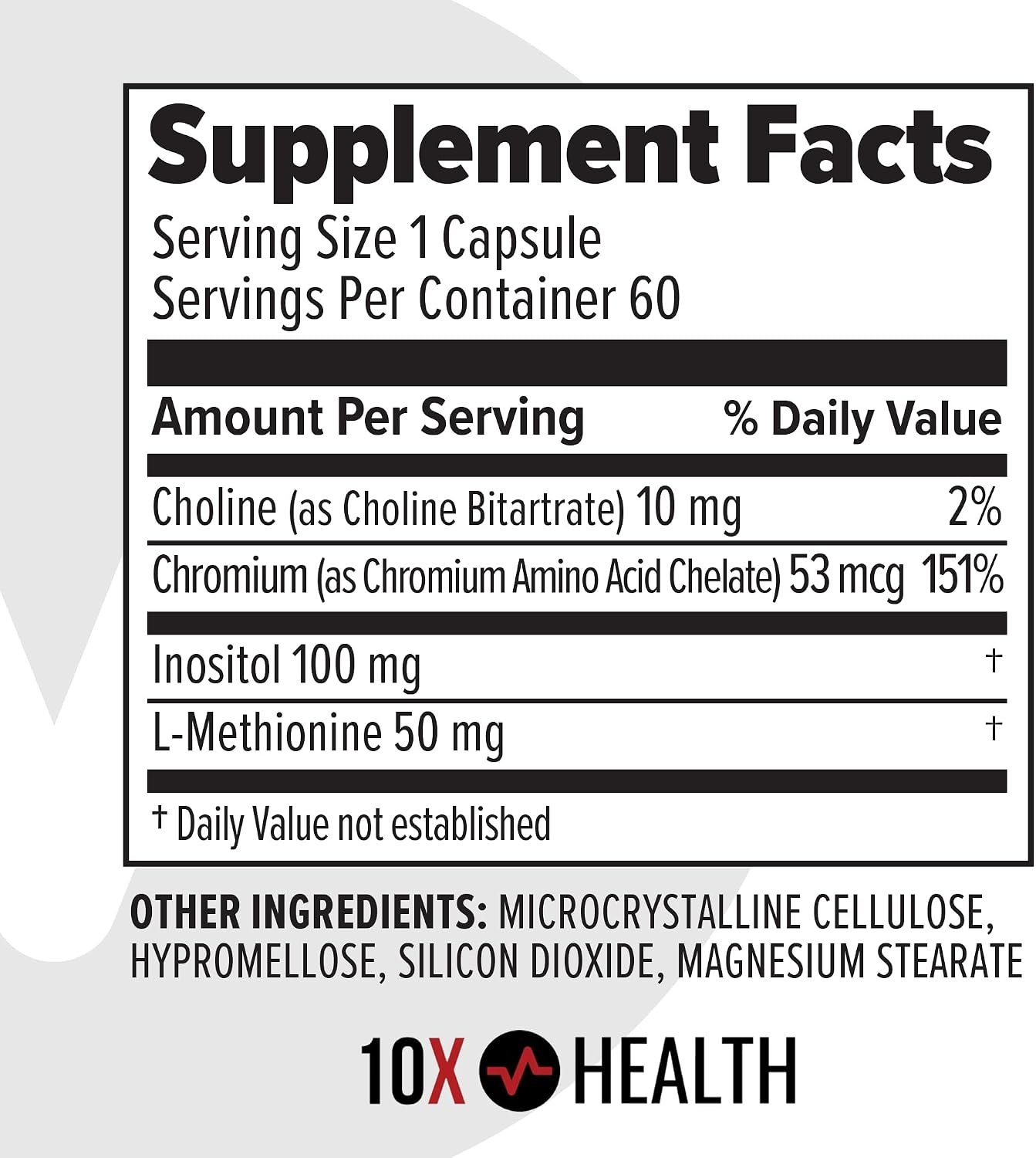 10X Health Mic Chromium - 60 Capsules | Choline Inositol: L-Methionine, Daily Nutritional Support, 60 Capsules, Non-GMO