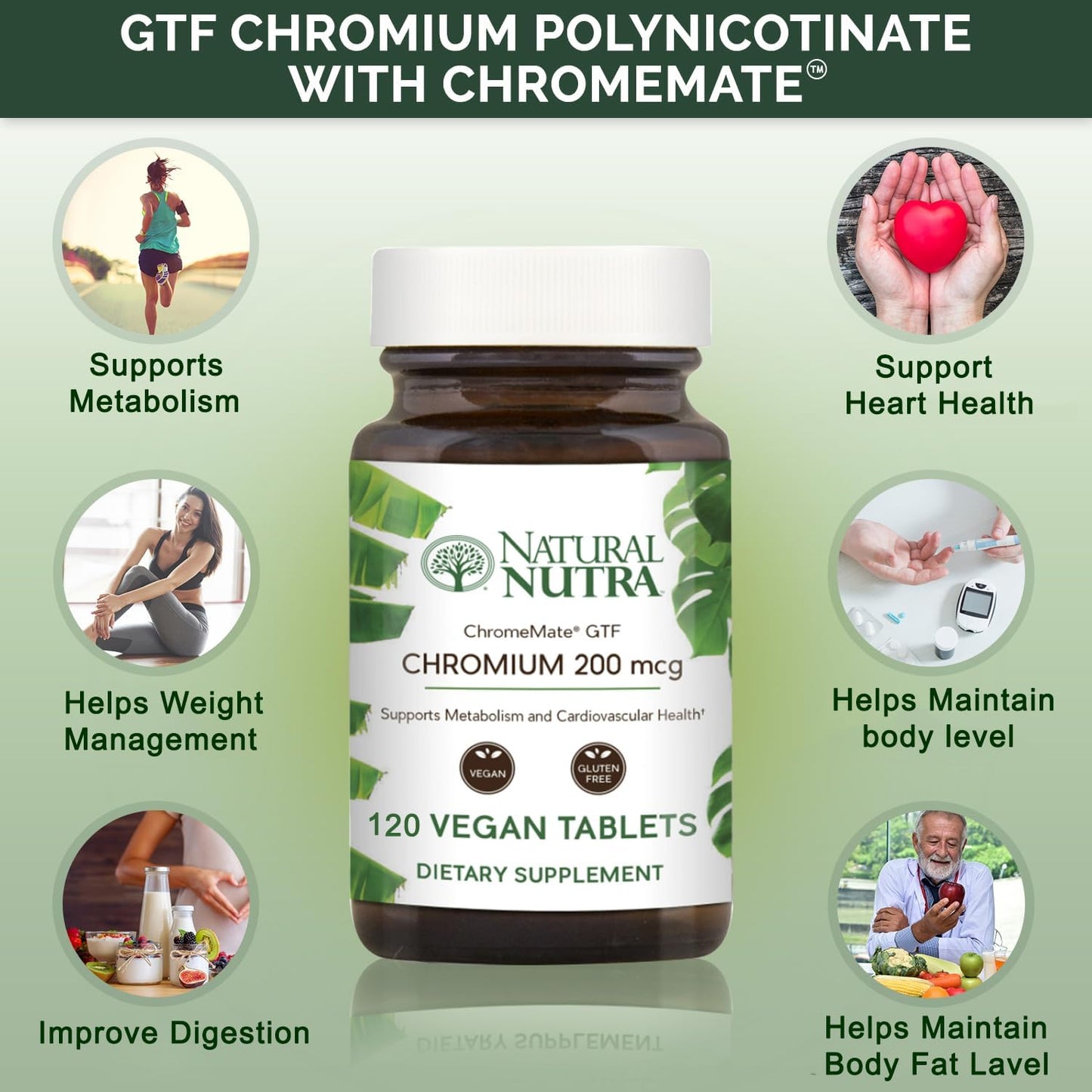 Natural Nutra GTF Chromium Polynicotinate with ChromeMate, Supports Body Metabolism, Support Heart Health, Maintain Body Fat Level, Improve Digestion, Cardiovascular Health, 200 mcg, 120 Vegan Tablets