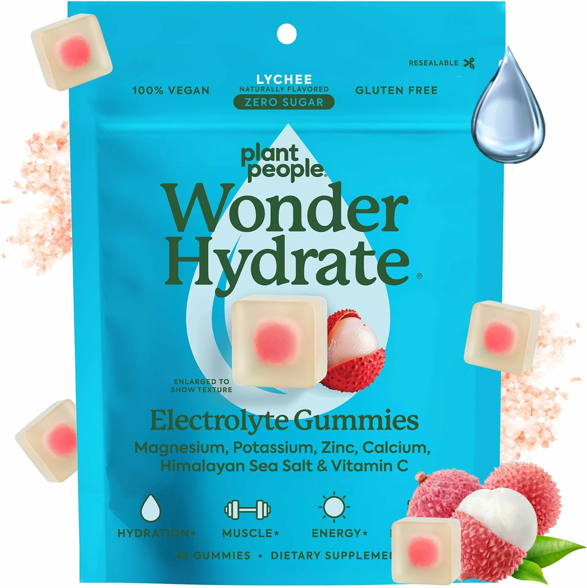 Plant People WonderHydrate Sugar Free Electrolyte Gummies, Lychee (42 Ct)