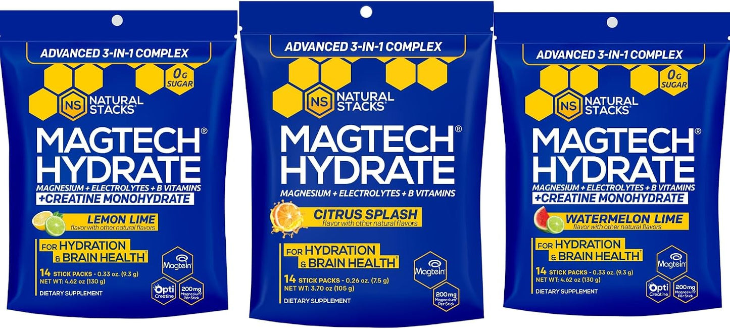 Natural Stacks Magtech Magnesium Hydrate Bundle - Magnesium & Creatine Hydration Powder - Supports Brain Health & Hydration - 3 Pack (42 Total Servings)