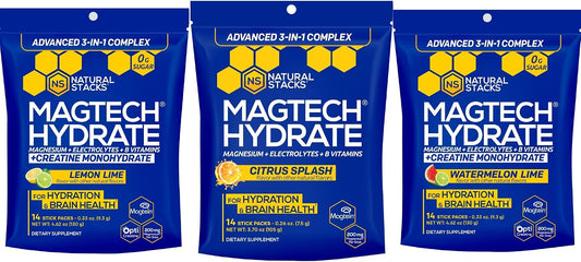 Natural Stacks Magtech Magnesium Hydrate Bundle - Magnesium & Creatine Hydration Powder - Supports Brain Health & Hydration - 3 Pack (42 Total Servings)
