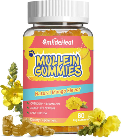 3000MG Mullein Gummies, Mullein Leaf Extract for Lungs, 60 Count | Sugar Free Mullein Gummies with Bromelain & Quercetin, Vegan