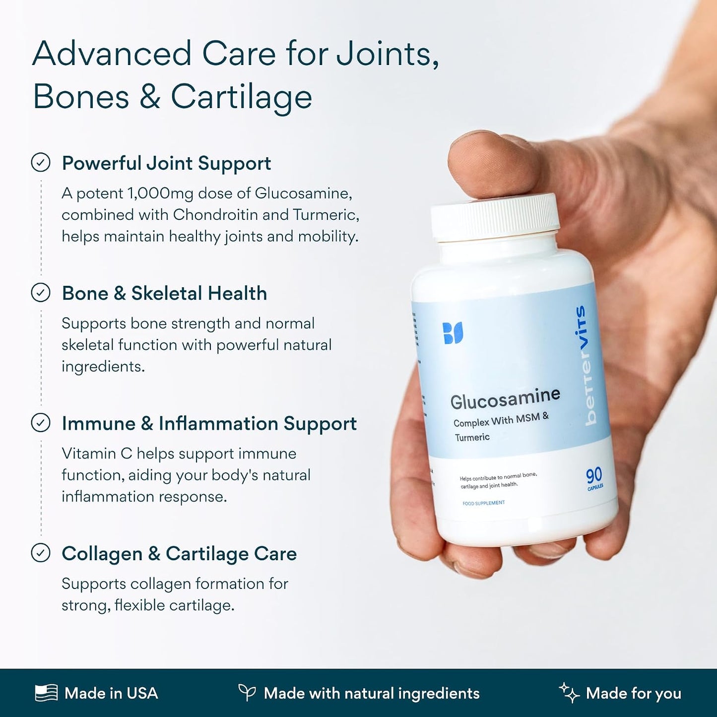 Bettervits Glucosamine Complex with MSM Сhondroitin | Joint Supplements for Women and Men with Vitamin C | Arthritis Support Supplement for Mobility & Flexibility - 90 Capsules