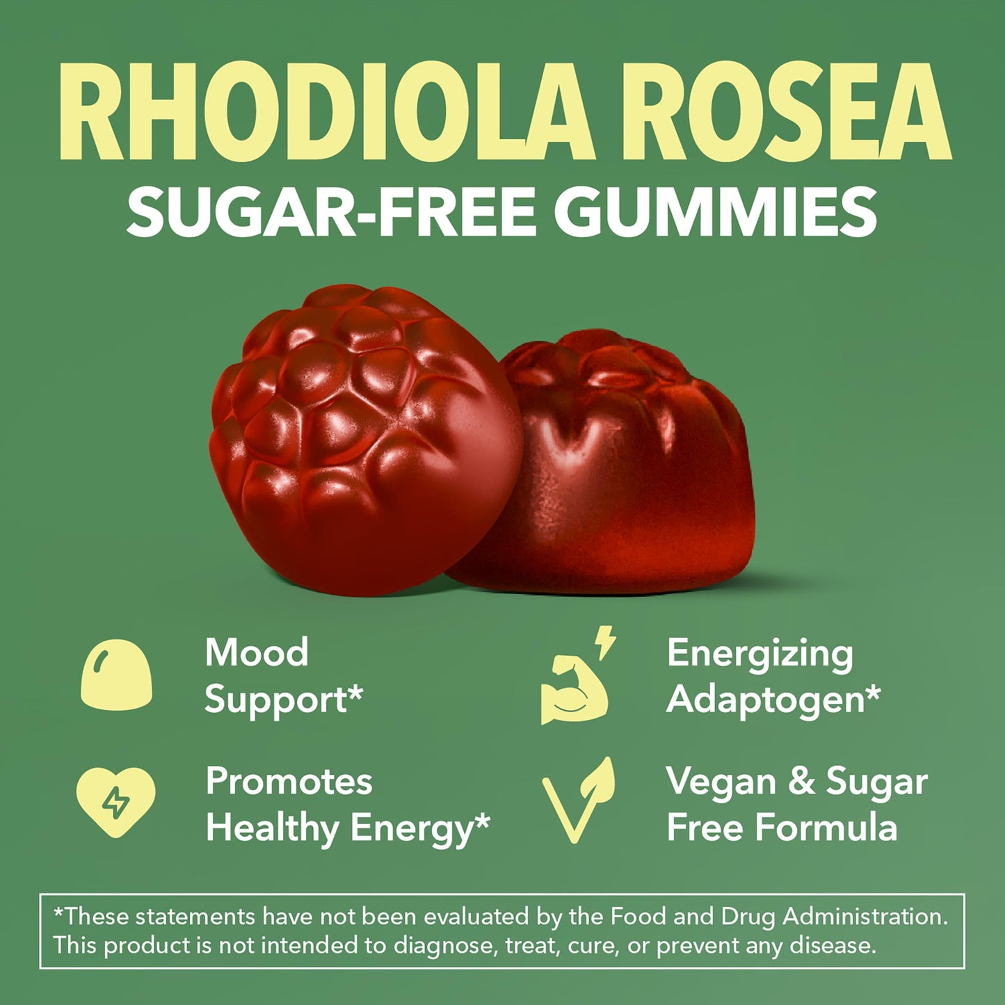 Rhodiola Rosea Gummies, Sugar Free Rhodiola Supplement, 30 Servings | Herbal Adaptogen for Mental Clarity and Performance, 60 Count, Vegan and Gluten-Free, Mixed Berry Flavor, 1-Month Supply